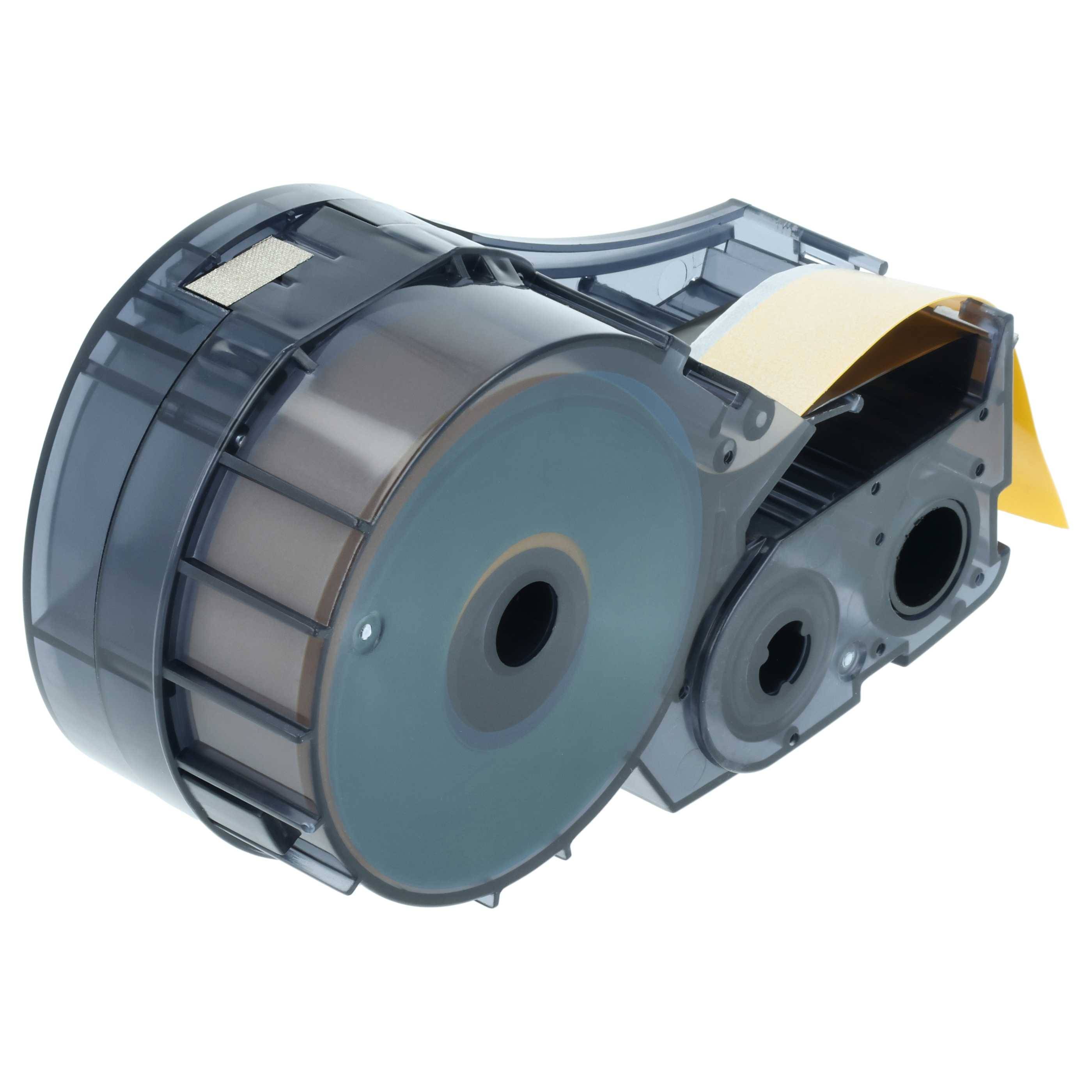 Eine schwarze Kunststoff-Etikettiermaschinen-Patrone mit einer teilweise ausgefahrenen Rolle gelbem Klebeband, konzipiert zur Verwendung in Etikettendrucker-Maschinen.