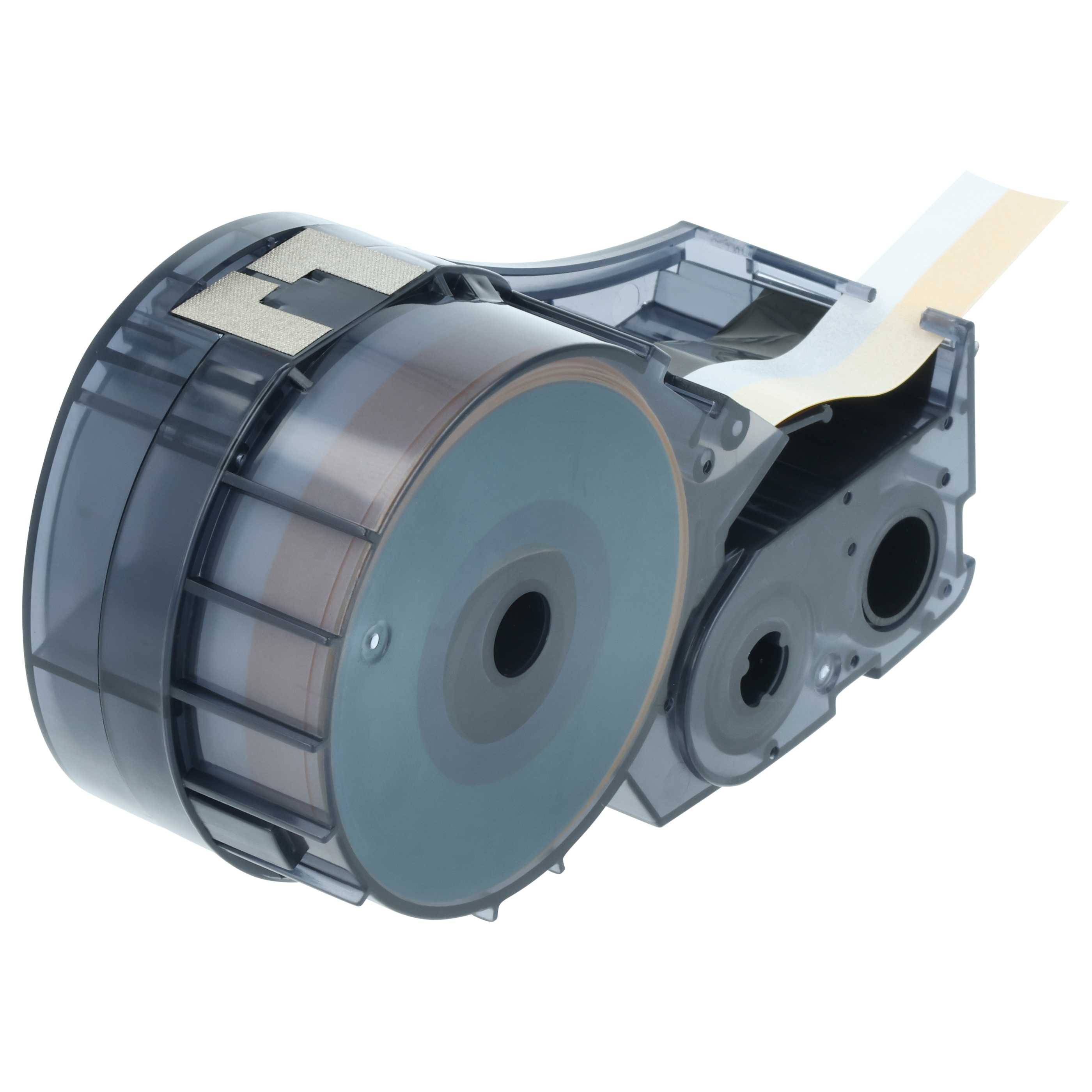 Eine durchsichtige Beschriftungsband-Kartusche, teilweise abgewickelt, die ihre inneren Rollen und Komponenten zeigt.