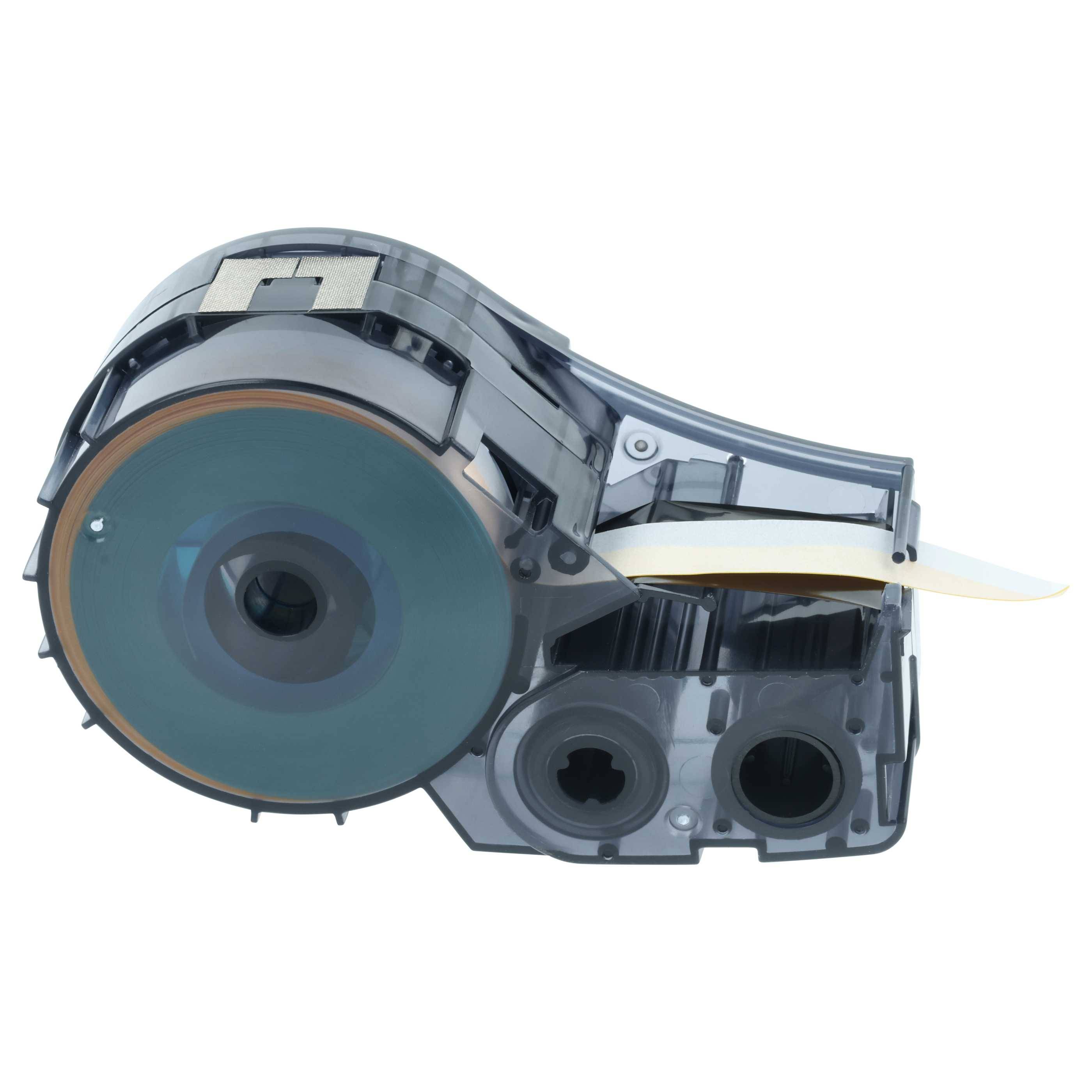 Eine transluzente Kartusche, die eine Rolle Band und Zahnräder enthält, die wahrscheinlich in einem Beschriftungsgerät oder einem ähnlichen Gerät verwendet wird.