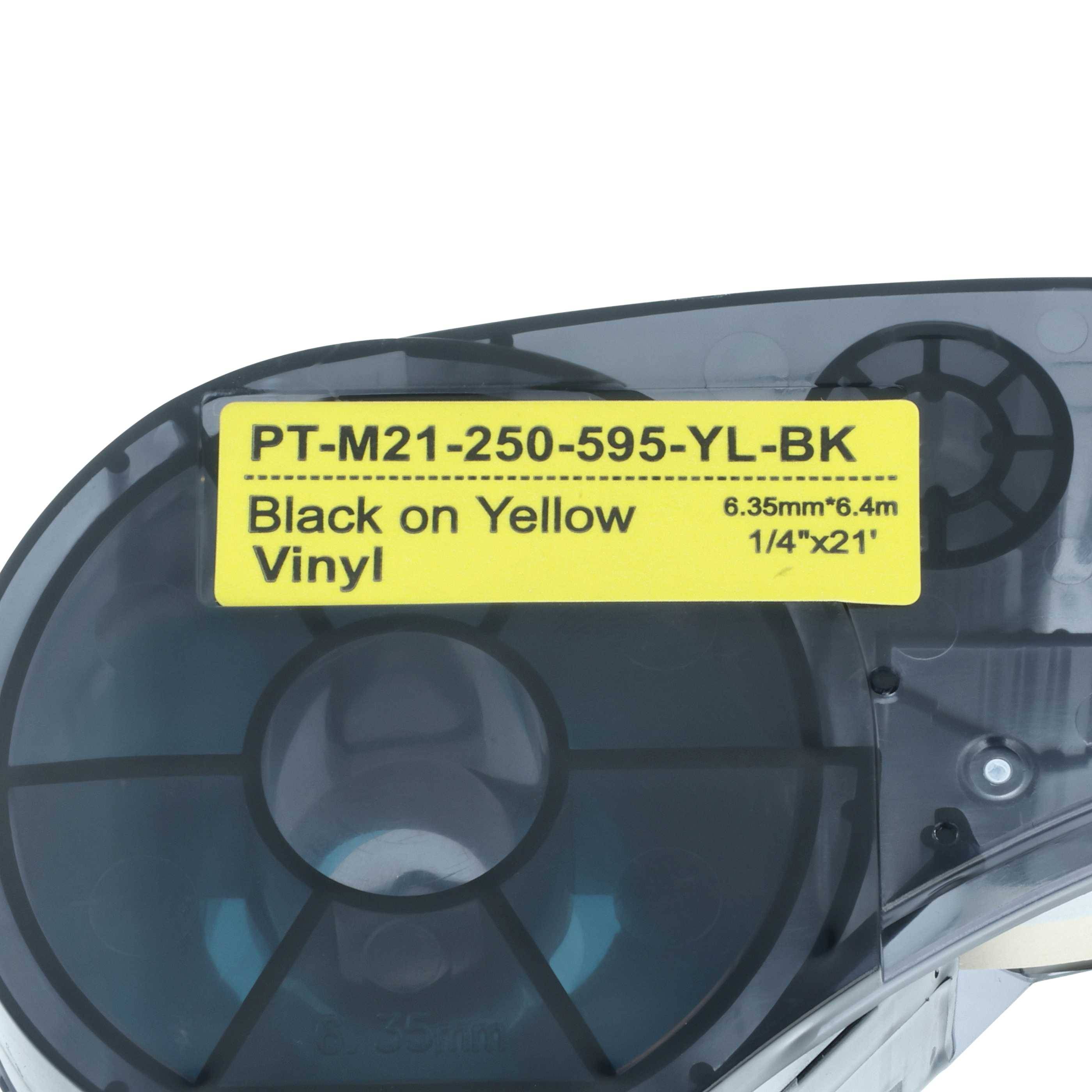 Beschriftungsband-Kartusche mit einem gelben Etikett mit der Aufschrift 'PT-M21-250-595-YL-BK' für Schwarz auf gelbem Vinyl, 6,35 mm x 6,4 m.