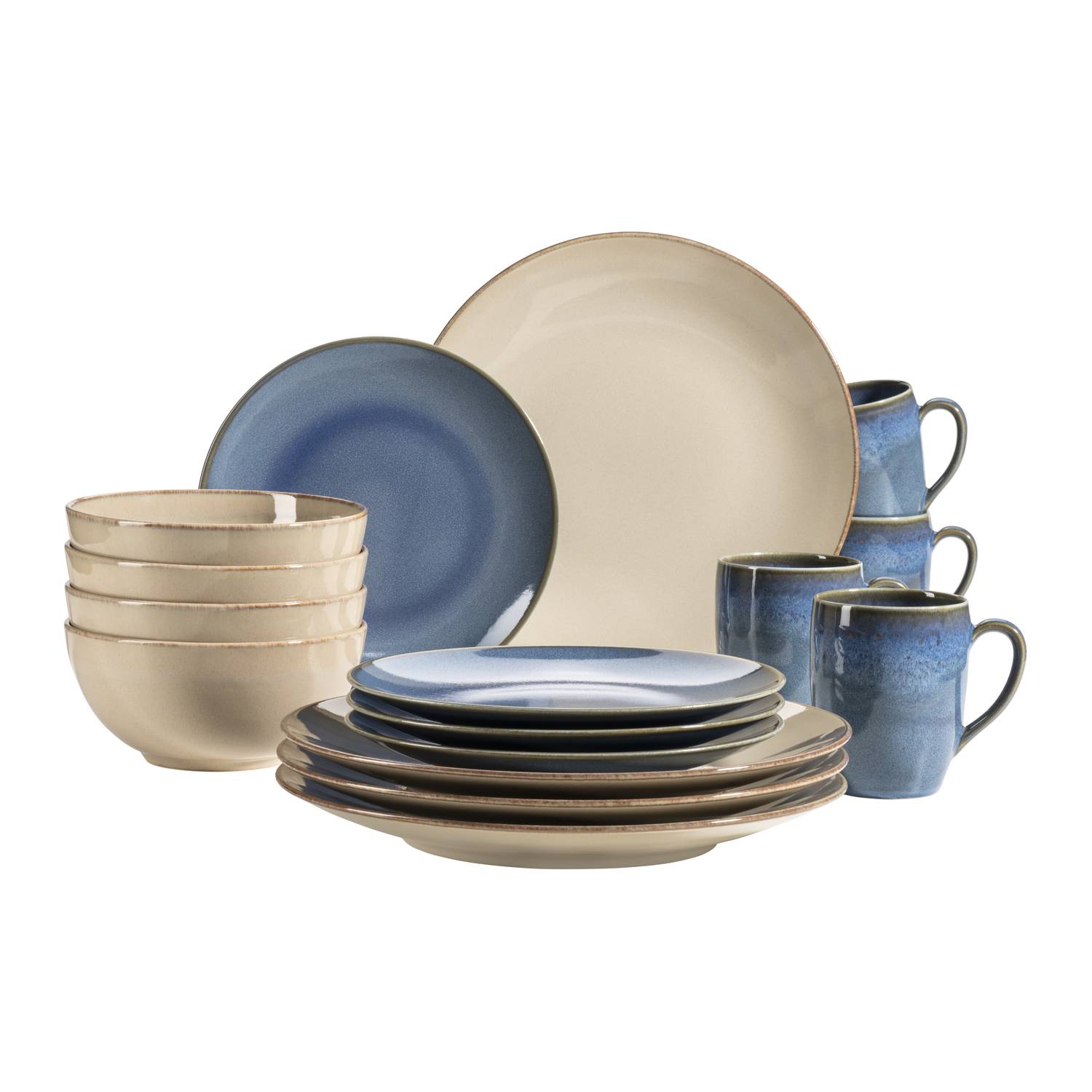 Mäser 931872 Kombiservice Ossia für 4 Personen, Steinzeug, sand/hellblau (1 Set, 16-teilig)