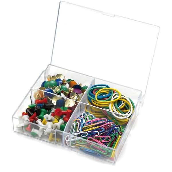 Sortimentsdose Gummiringe Briefklammern Pinnnadeln Reißnägeln