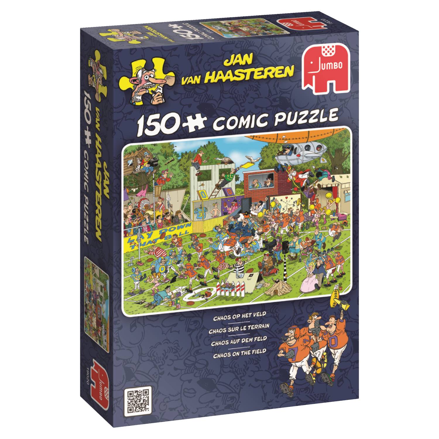 Schachtel eines 150-teiligen Comic-Puzzles von Jan van Haasteren von Jumbo, auf der Verpackungskunst eine chaotische überfüllte Sportplatz-Szene dargestellt ist.