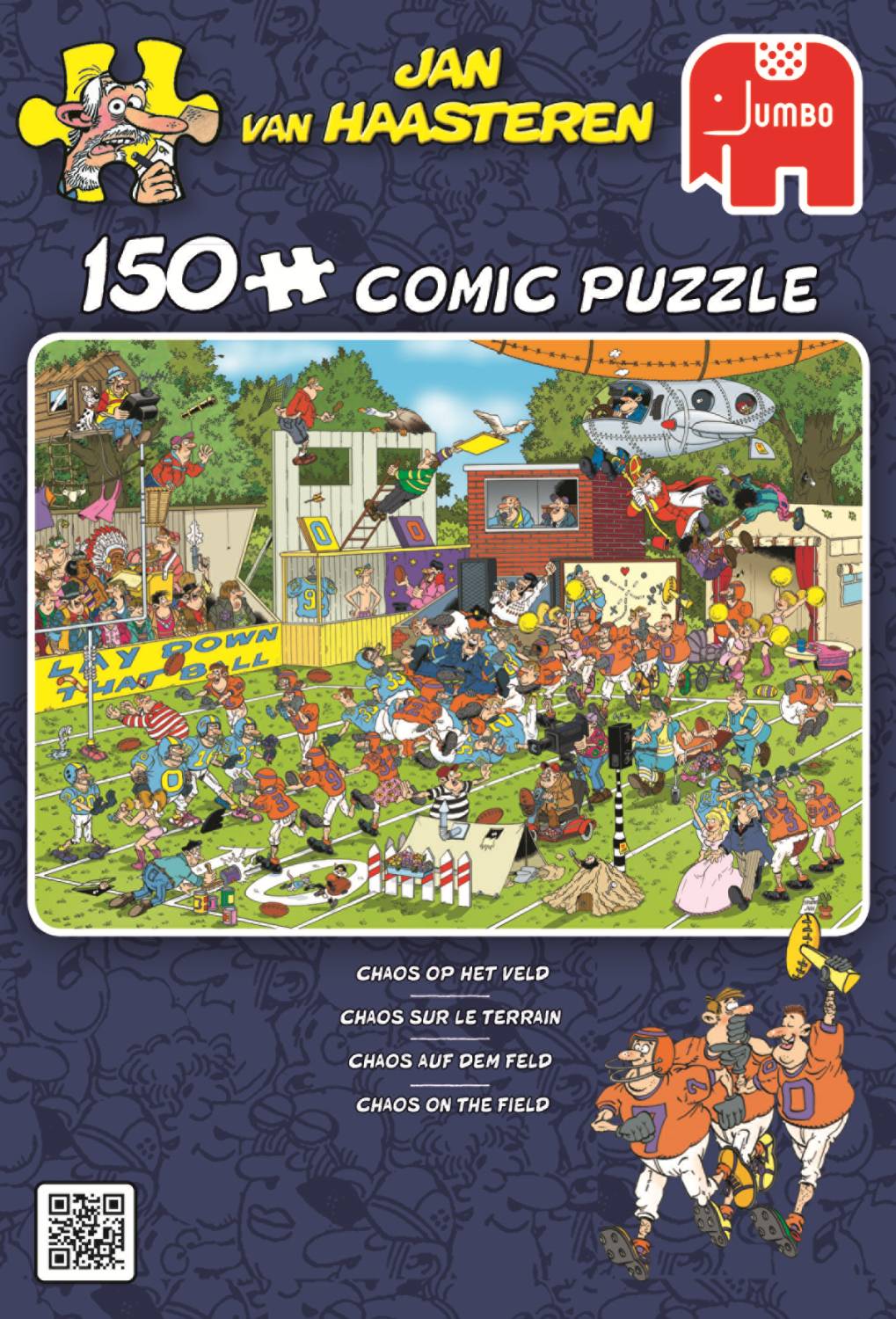 Puzzle-Schachtelbeschreibung für Jan van Haasteren 150-Teile Comic-Puzzle, zeigt eine chaotische, überfüllte Sportplatzszene mit vielen Cartoon-Menschen und Tieren