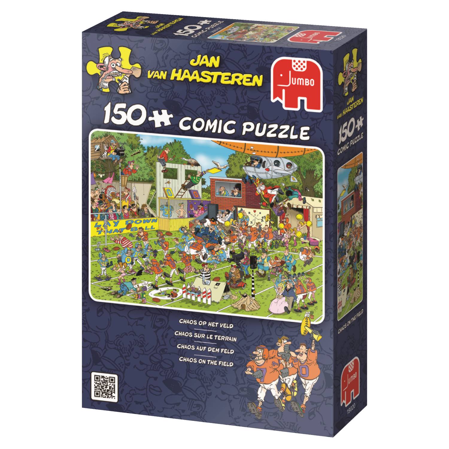Schachtel eines 150er Comic-Puzzles von Jan van Haasteren von Jumbo, das auf der Vorderseite eine chaotische Menschenmenge mit Titeltext und illustrierten Figuren zeigt.