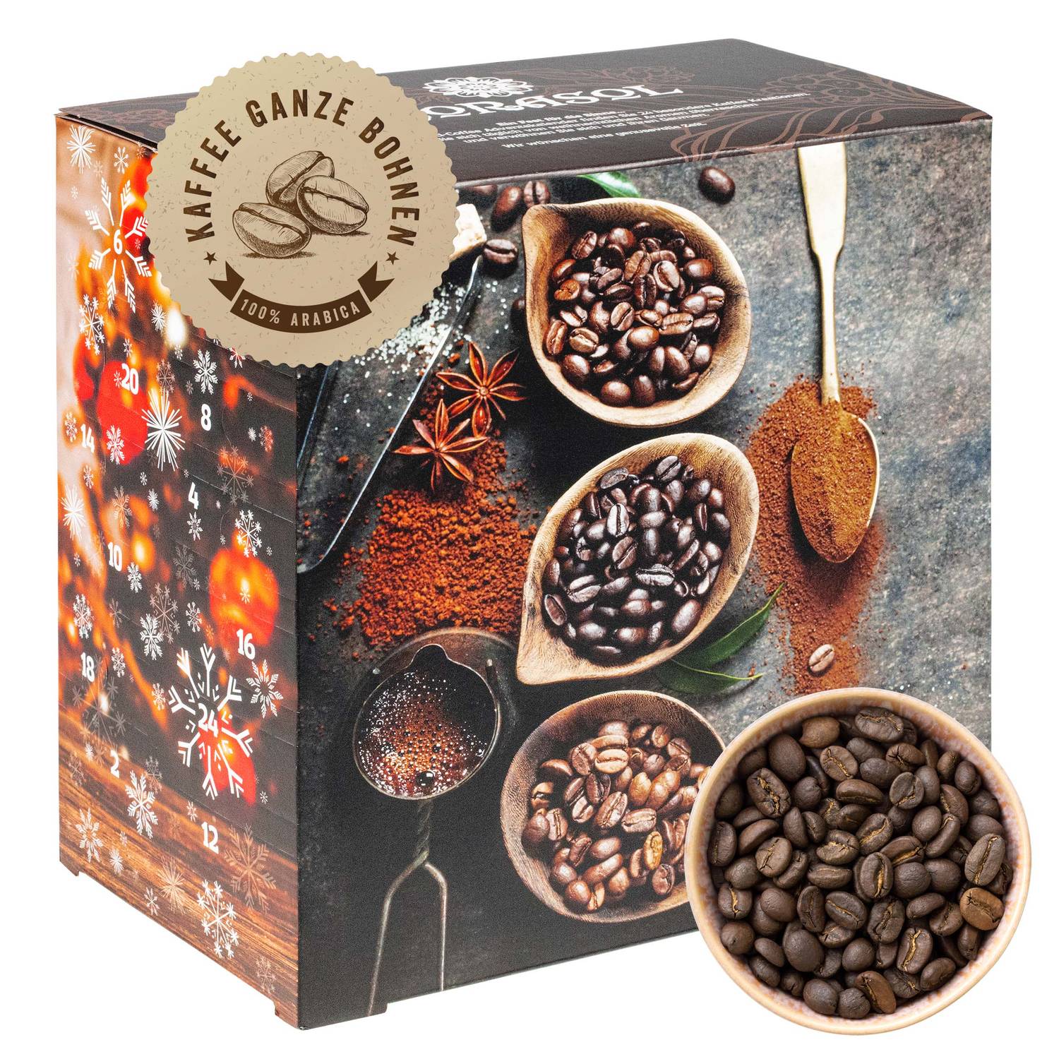 Corasol Premium Flavoured Coffee Kaffee-Adventskalender mit 24 aromatisierten Kaffee-Kreationen, ganze Bohnen für Genießer (240 g)