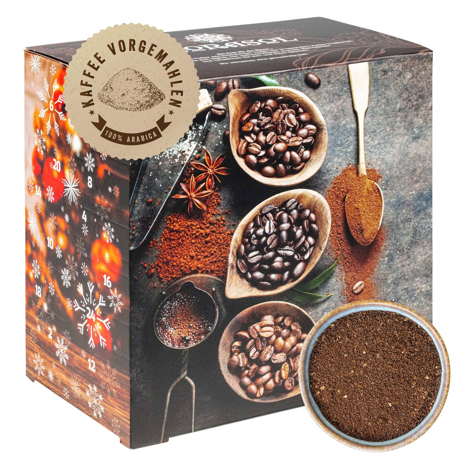 Corasol Premium Flavoured Coffee Kaffee-Adventskalender mit 24 aromatisierten Kaffee-Kreationen, gemahlen für Genießer (240 g)