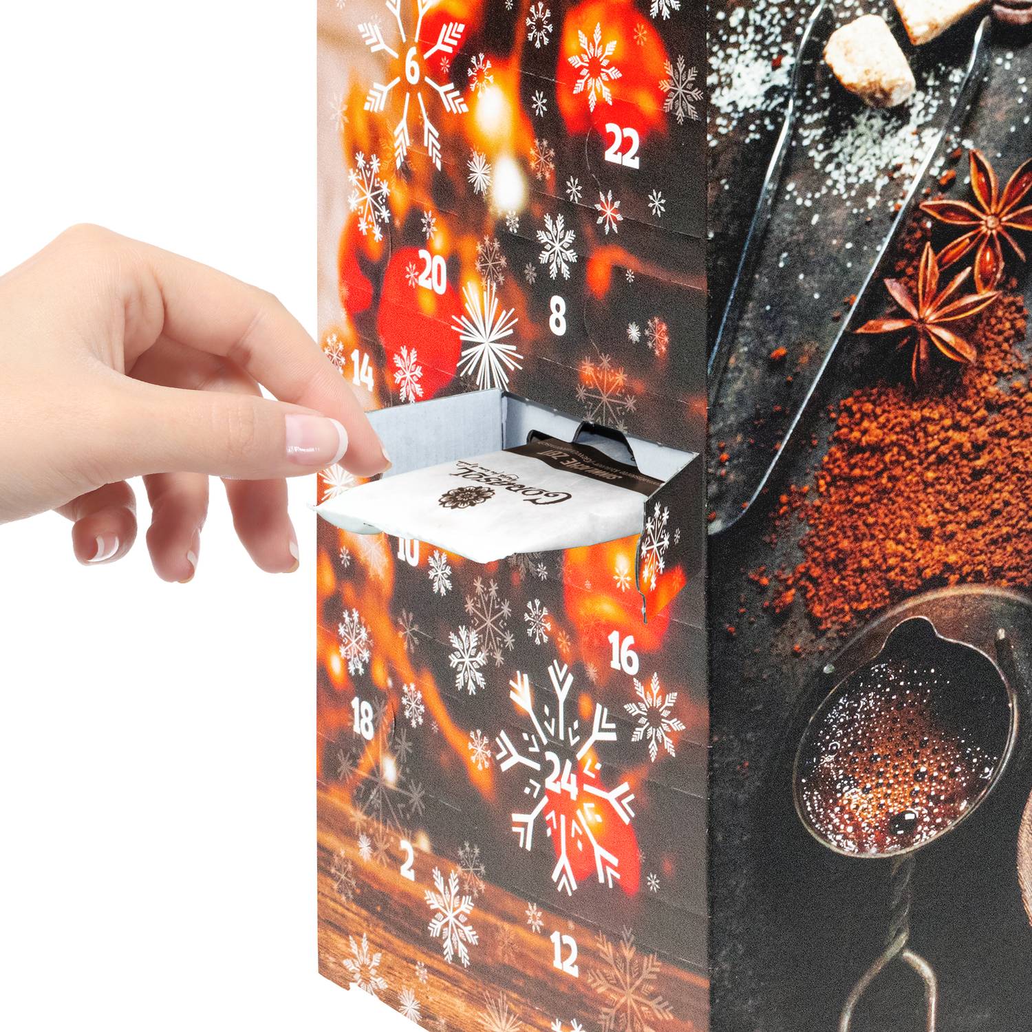 Corasol Premium Flavoured Coffee Kaffee-Adventskalender mit 24 aromatisierten Kaffee-Kreationen, gemahlen für Genießer (240 g)