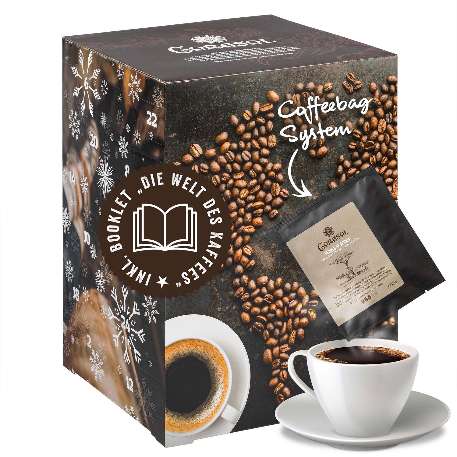 Corasol Premium Kaffee-Weltreise Adventskalender XL mit 24 Gourmet Röstkaffees aus 24 Ländern im Coffeebag, inkl. Booklet (240 g)