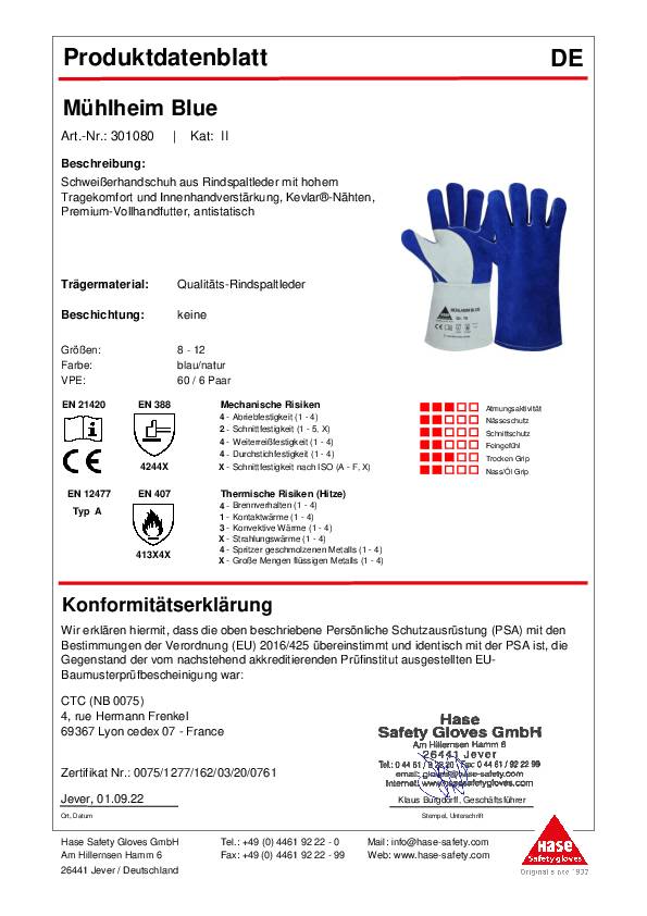 Schweißerhandschuhe Mühlheim Blue Gr.8 blau/grau Rindspaltleder
