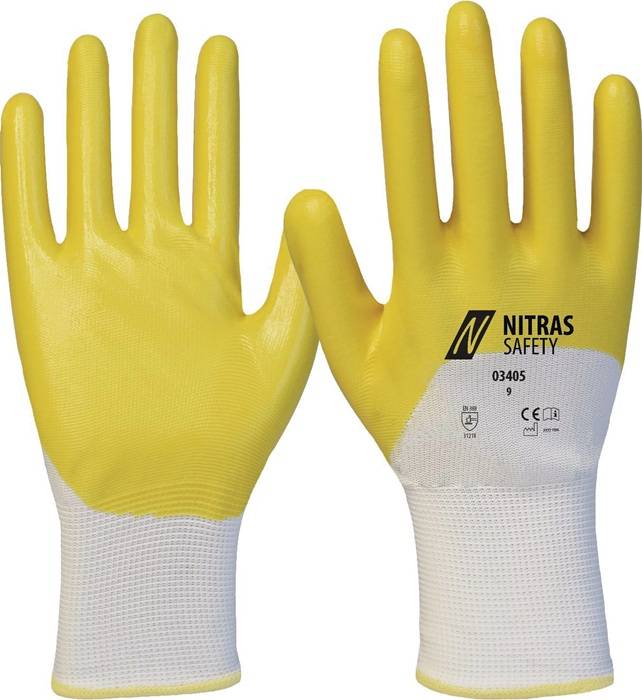 Handschuhe 03405 Gr.11 weiß/gelb PES m.Nitril EN 388 PSA II 12 NITRAS