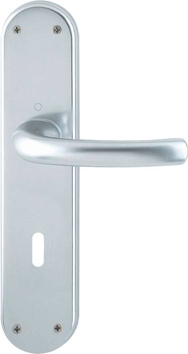 Silberner Türgriff auf einer Metallplatte, von der Seite betrachtet, mit einem Schlüsselloch darunter.