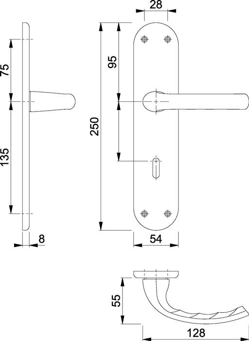 Technische Zeichnung eines Türgriff-Sets mit Maßangaben: 250 x 54 mm Platte, 95 mm Grifflänge, 135 mm vom Griff bis zur unteren Kante.