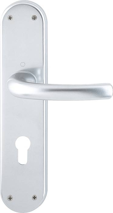 Eine Nahaufnahme eines silbernen Metalltürgriffs auf einem rechteckigen Beschlag mit einem Schlüsselloch darunter.