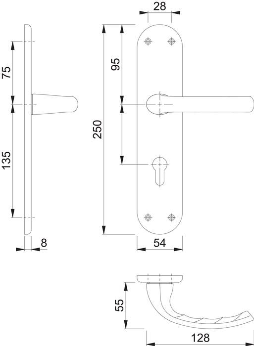 Türgriff-Diagramm mit Maßangaben: Länge 250 mm, Breite 54 mm, Griff-Höhenausladung 75 mm. Enthält Seiten- und Frontansicht.