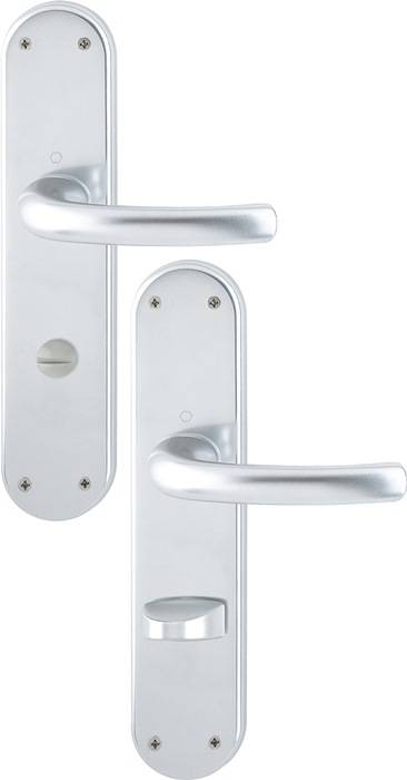 Silberner Türgriffset mit zwei Griffen und einem Schlüsselloch, von zwei Perspektiven dargestellt. Geeignet für Innentüren.