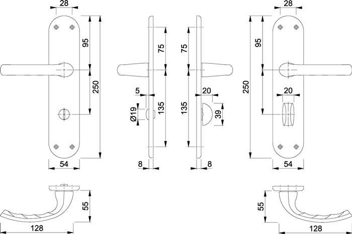 Technische Zeichnung eines Türgriffsets mit Maßangaben: Gesamtlänge 250 mm, Breite 54 mm, Schraubenabstand 195 mm.