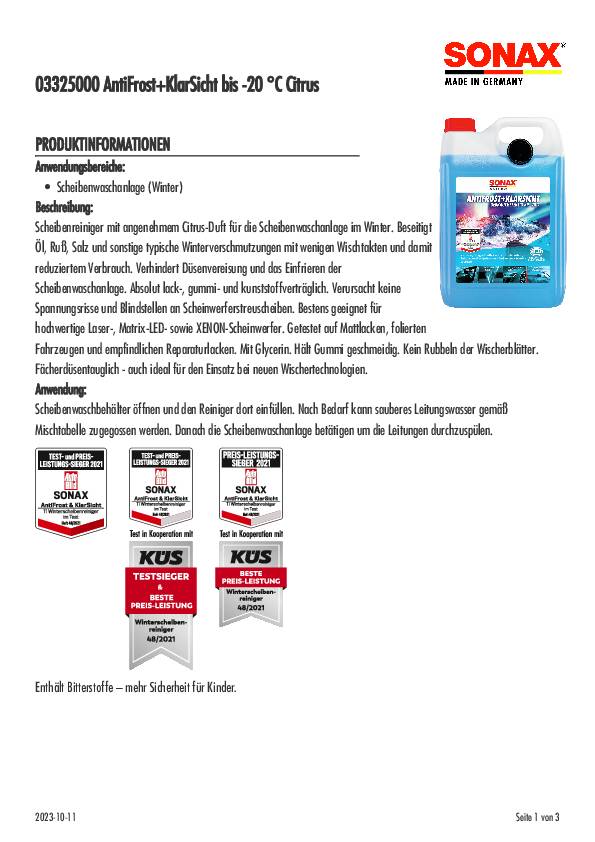 Scheibenreiniger AntiFrost+KlarSicht gebrauchsfertig 5l Kanister SONAX