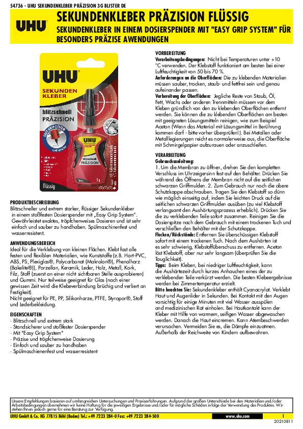 Sekundenkleber blitzschnell PRÄZISION flüssig 3g farblos Flasche UHU