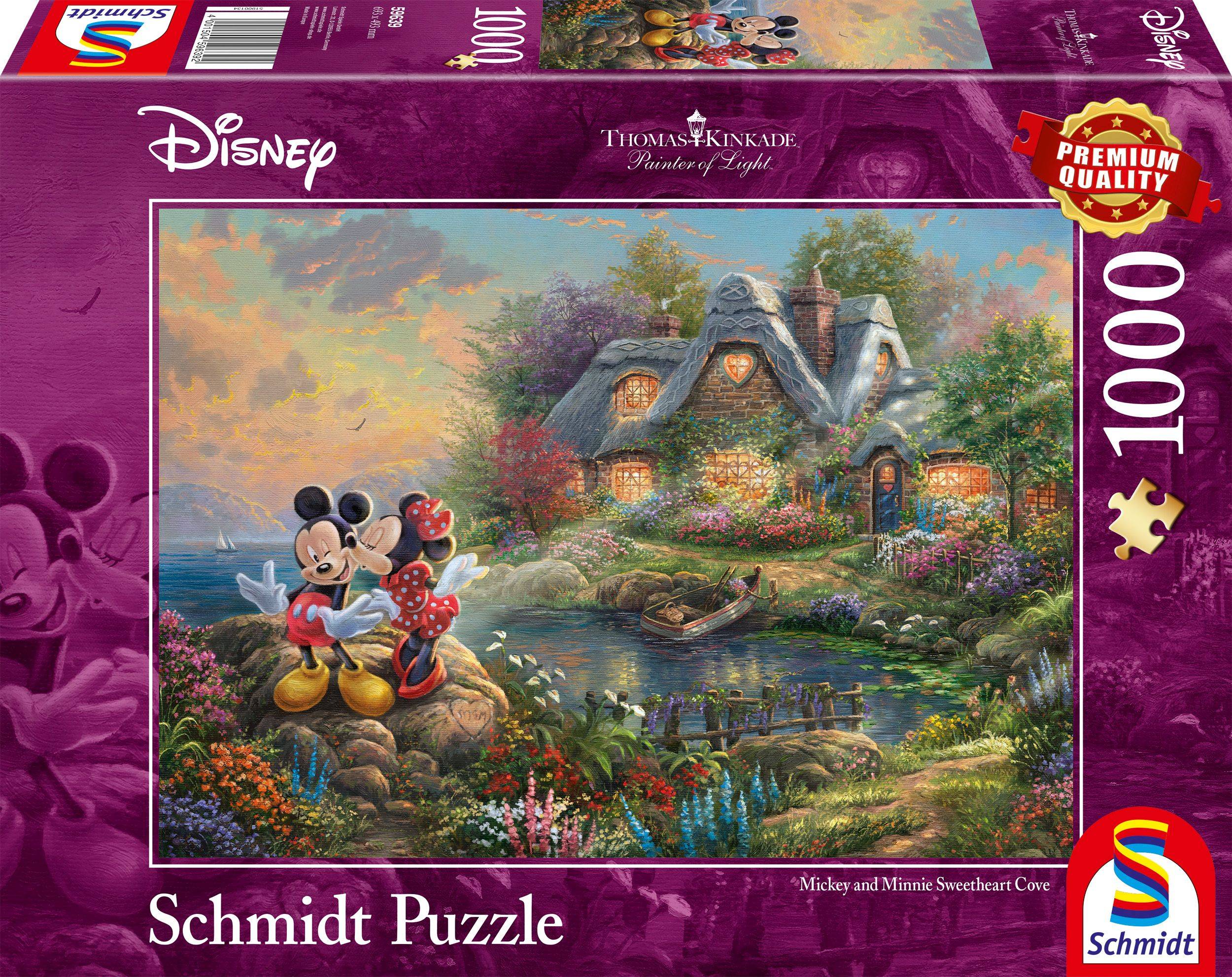 Ein 1000-teiliges Schmidt-Puzzle mit Disneys Micky und Minnie in einem Häuschen an einem Teich, mit dem Titel 