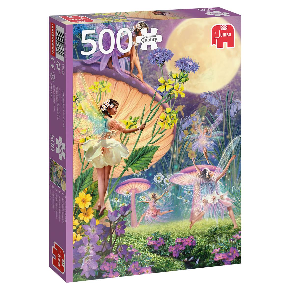 Schachtel eines 500-teiligen Jumbo-Puzzles mit Feen, die in einem mondbeglänzten Blumengarten tanzen, mit der „500