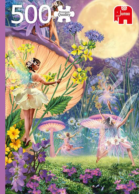 Jumbo '500' Puzzleschachtel mit Feen zwischen riesigen Blumen unter einem mondbeleuchteten Himmel