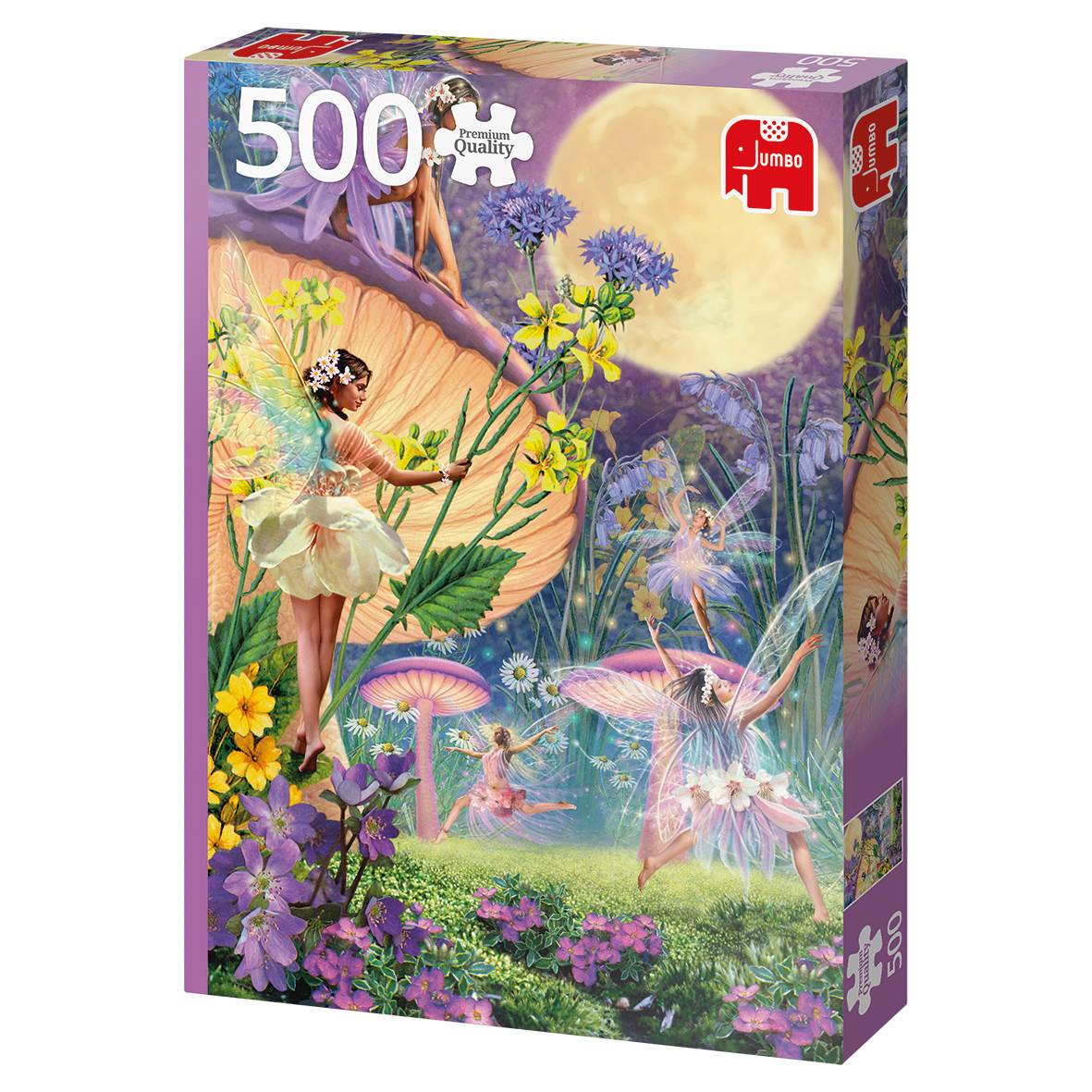 Schachtel mit 500-teiligem Riesen-Puzzle mit Fantasy-Feen zwischen Blumen und Pilzen unter einem mondhellen Himmel