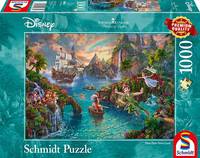 Disney Schmidt Puzzle-Box mit einem 1000-teiligen Puzzle eines farbenfrohen Fantasy-Flussszene mit Booten, Wasserfällen und Burgspitzen.