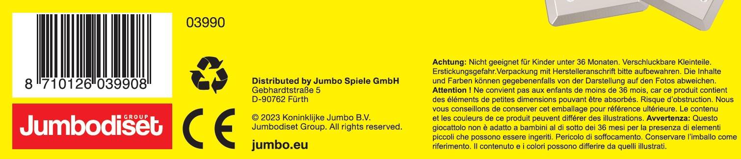Gelbes Jumbodisét-Produktetikett mit Barcode, Recycling-Symbol, CE-Kennzeichnung und mehrsprachigem Alterswarnstext für kleine Teile und Erstickungsgefahr.