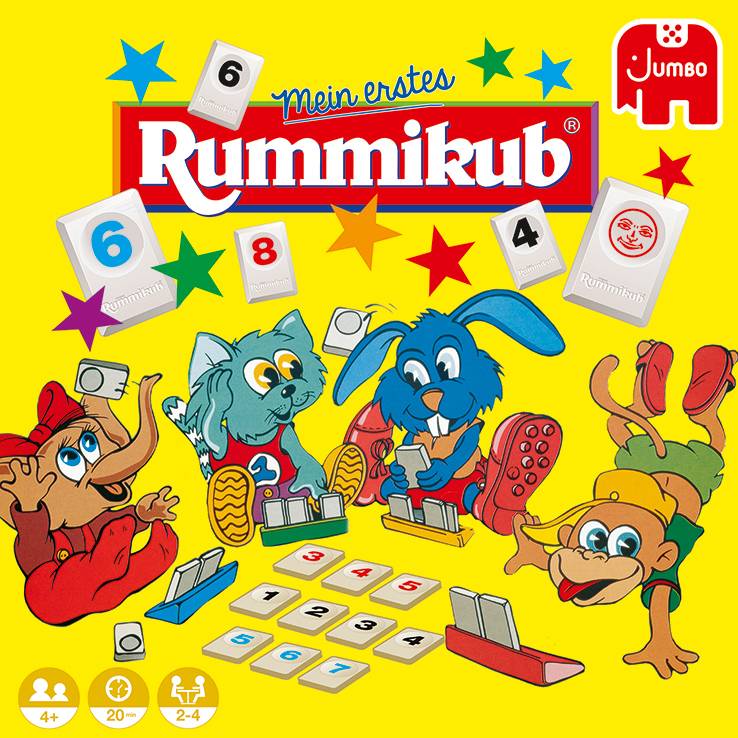 Farbenfrohe Schachtelvorderseite für „mein erstes Rummikub