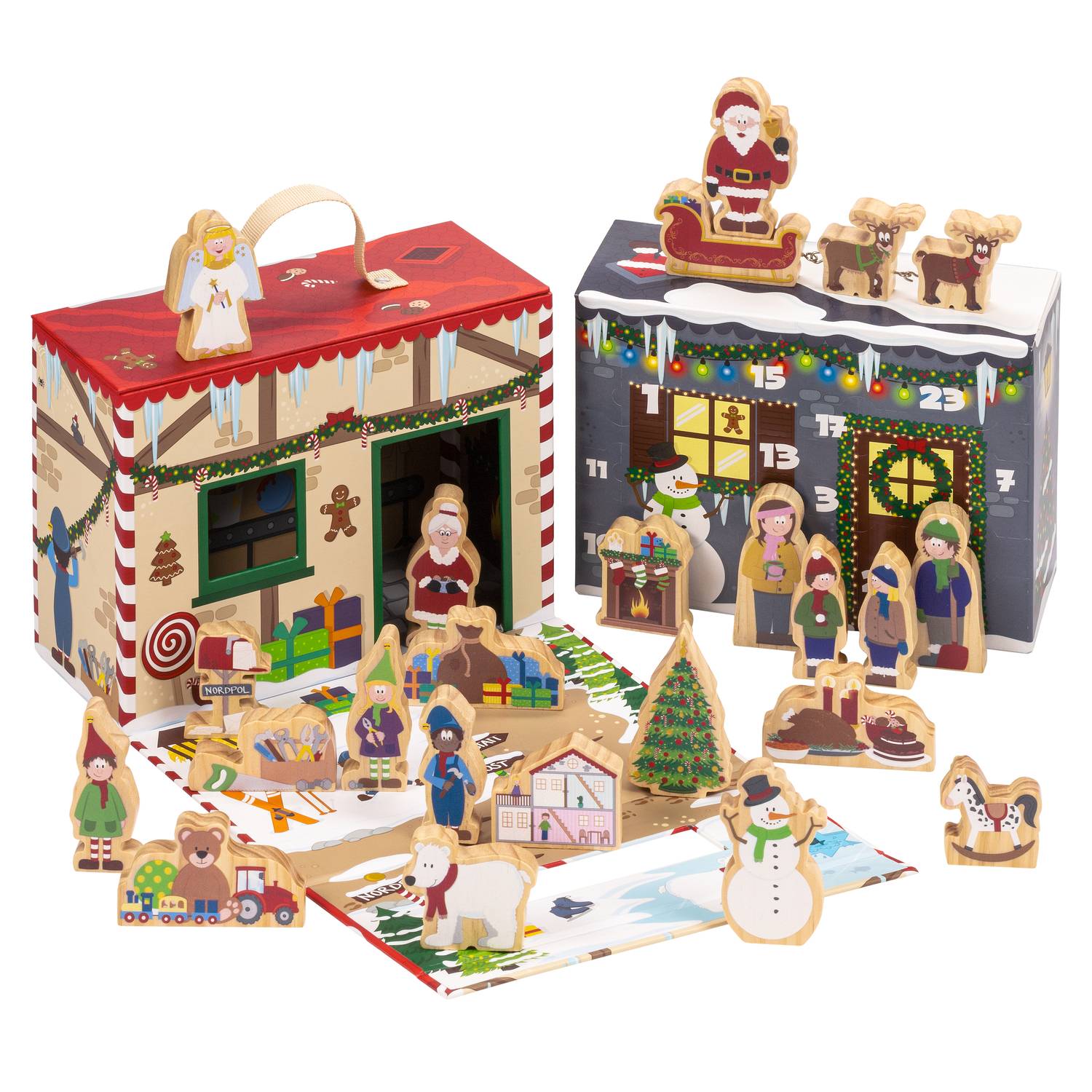 yoamo Wichtelwerkstatt Adventskalender mit Spielkoffer für Kinder mit Holzfiguren in hochwertigem Aufbewahrungs-Koffer, 27-teilig (1 Set)