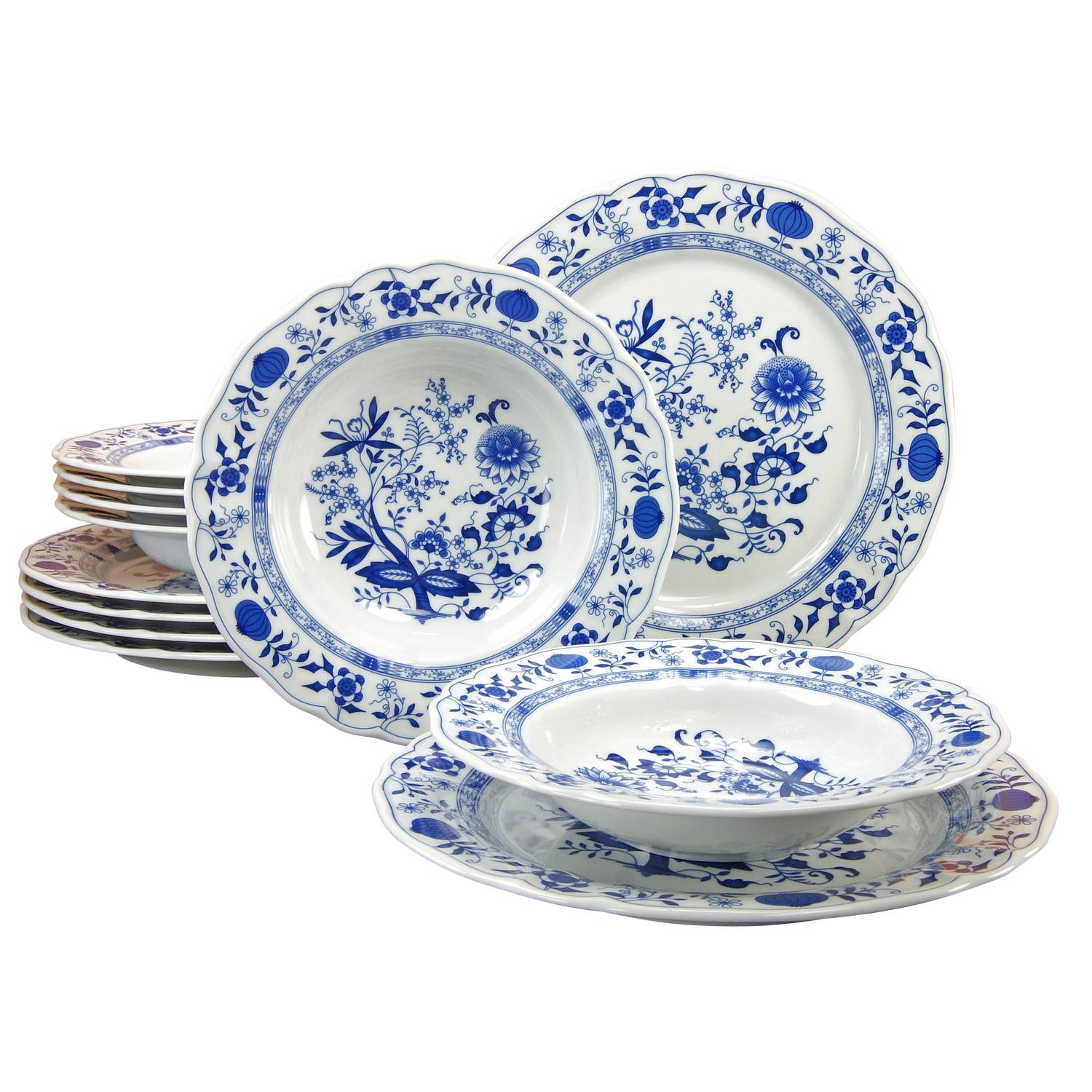 CreaTable 17132 Tafelservice Zwiebelmuster Flora für 6 Personen, Porzellan, weiß/blau (1 Set, 12-teilig)