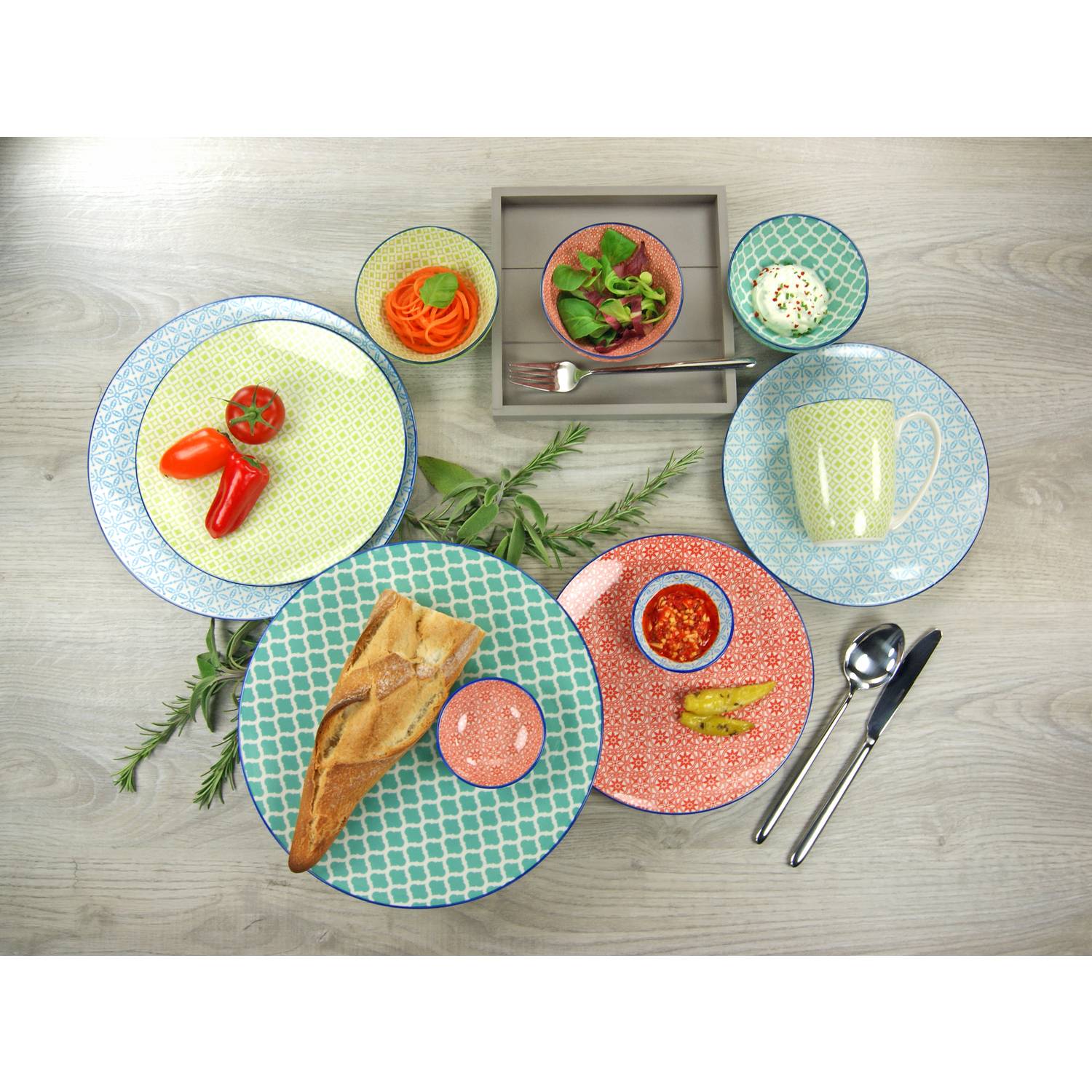CreaTable 17362 Kombiservice Mediterran für 4 Personen, Steinzeug, mehrfarbig (1 Set, 16-teilig)