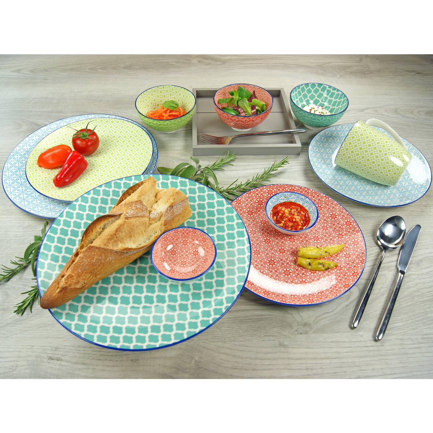 CreaTable 17362 Kombiservice Mediterran für 4 Personen, Steinzeug, mehrfarbig (1 Set, 16-teilig)