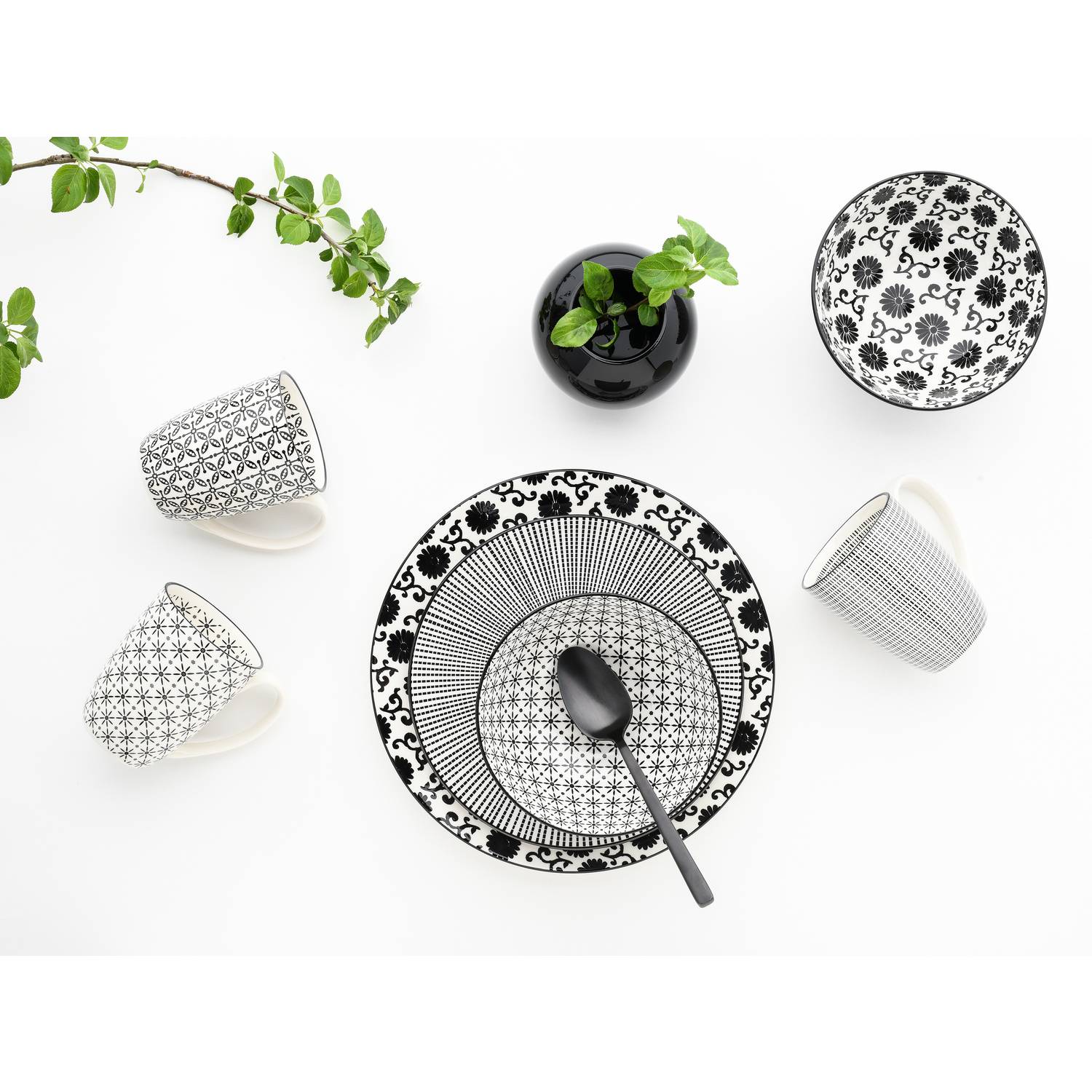 CreaTable 19738 Kombiservice New Style für 4 Personen, Steinzeug, weiß/schwarz (1 Set, 16-teilig)