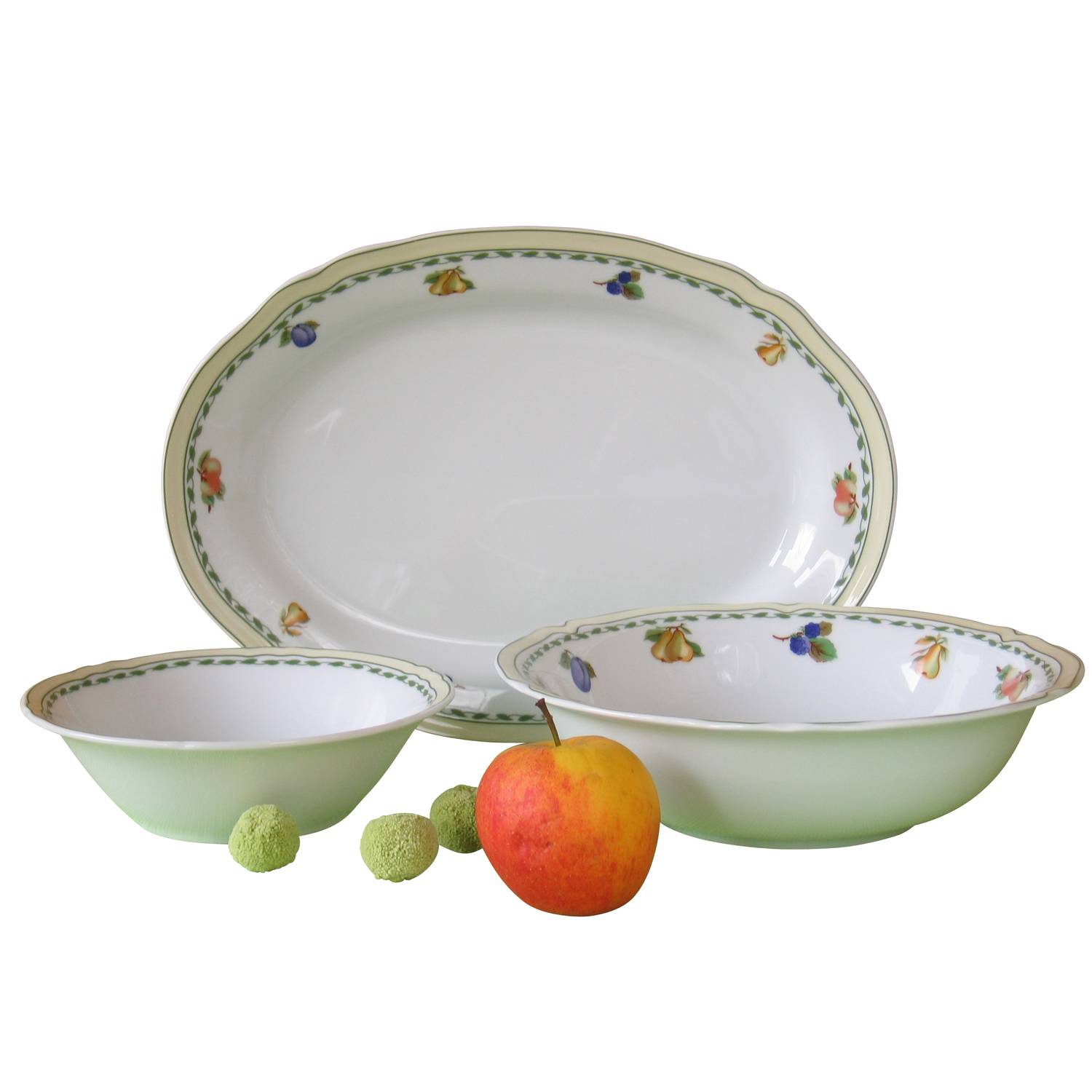 CreaTable 13126 Serviergeschirr Alba für 1 Personen + Obst, Porzellan, grün/weiß (1 Set, 3-teilig)