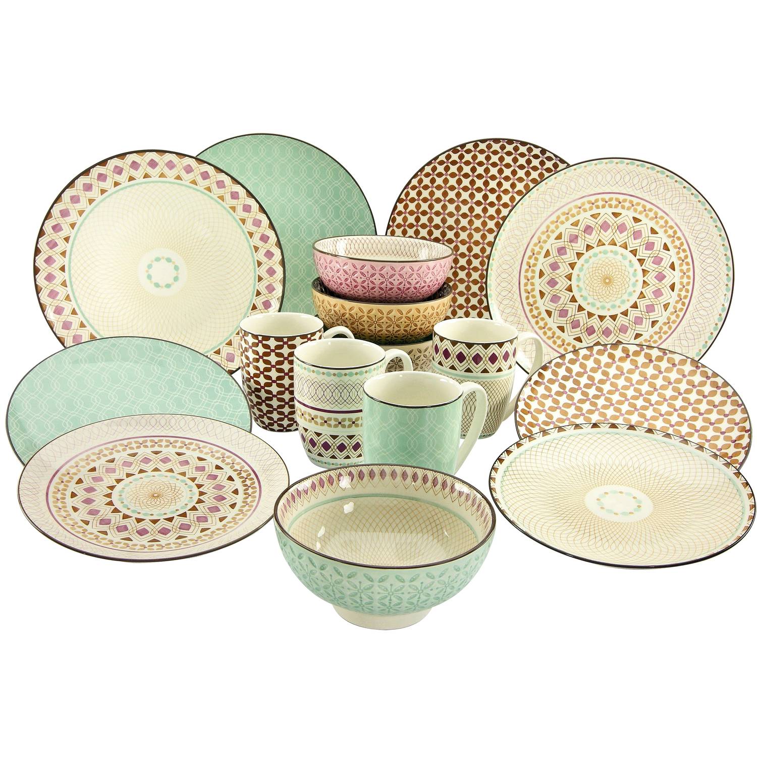 CreaTable 20310 Kombiservice Mandala für 4 Personen, Steinzeug, mehrfarbig (1 Set, 16-teilig)