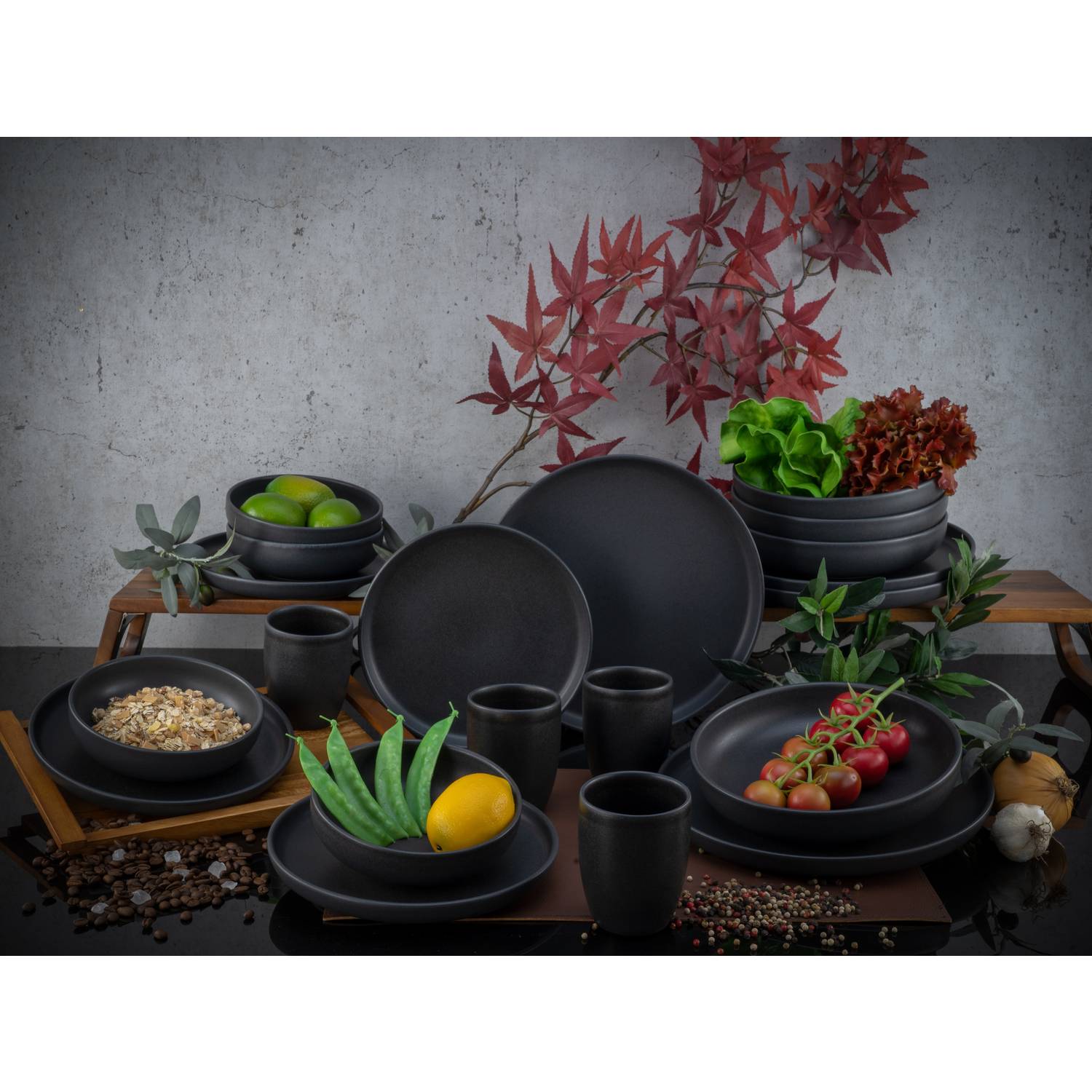 CreaTable 22978 Kombiservice Uno BLACK für 4 Personen, Steinzeug, schwarz (1 Set, 16-teilig)