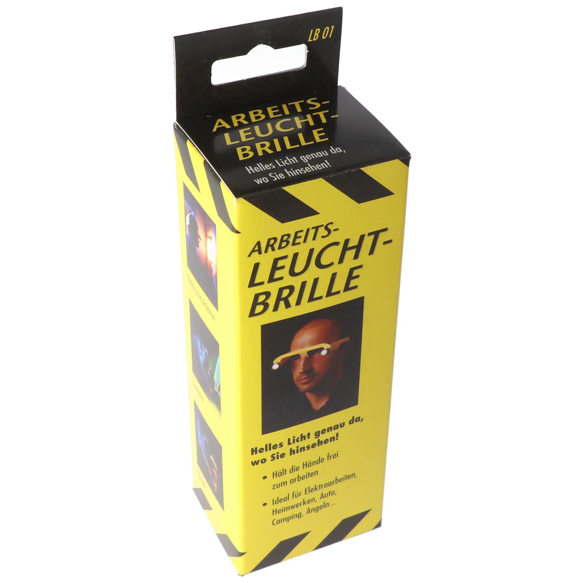 Produktbox für 'Arbeits-Leucht-Brille' mit gelb-schwarzem Warndesign und Bild einer Person, die leuchtende Brille trägt.
