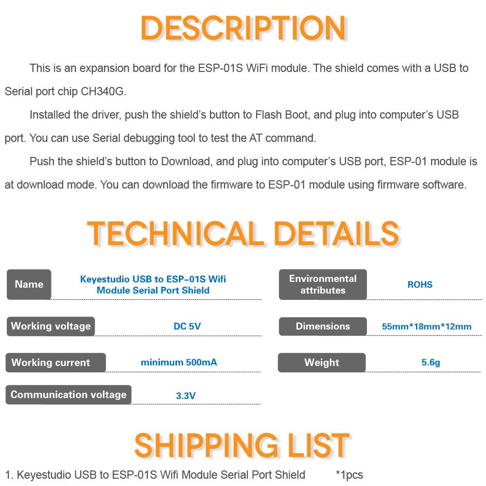 Keyestudio ESP-01S Wifi to USB Module for Arduino Compatible with ESP8266