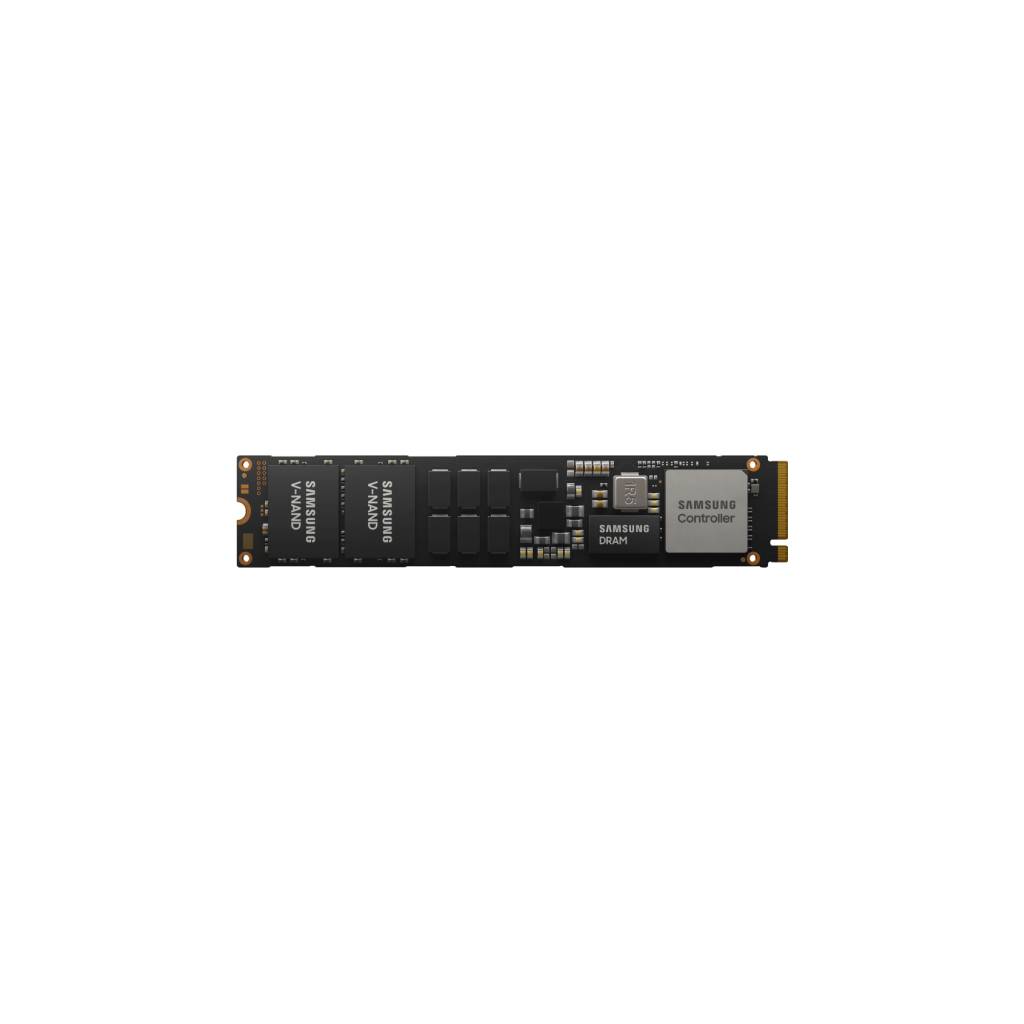 Ein Samsung M.2-Solid-State-Drive-Modul, das auf weißem Hintergrund gezeigt wird, mit sichtbaren Speicherchips und Controller.