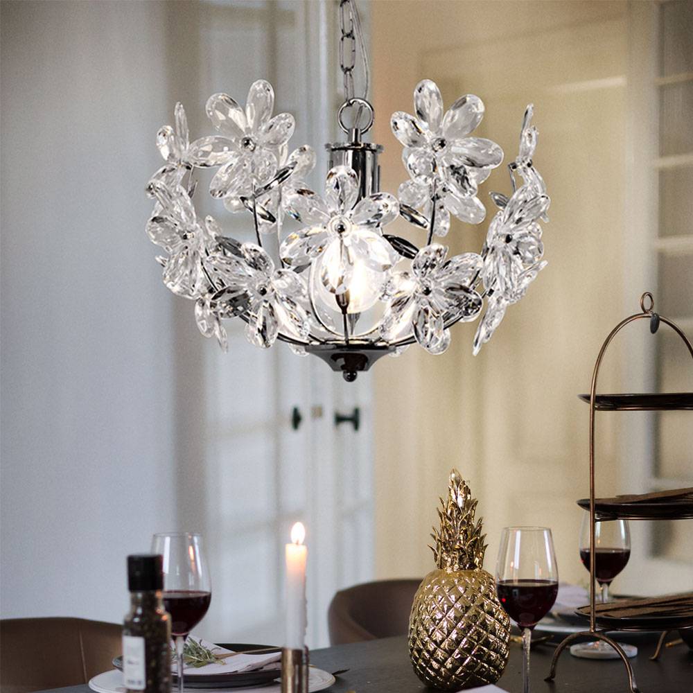 Pendelleuchte Hängeleuchte Blätterleuchte Deckenpendel Blumen Design, Acryl, Chrom, Schirmleuchte, Kugelform, 1x LED 4W 320Lm warmweiß, DxH 34x87