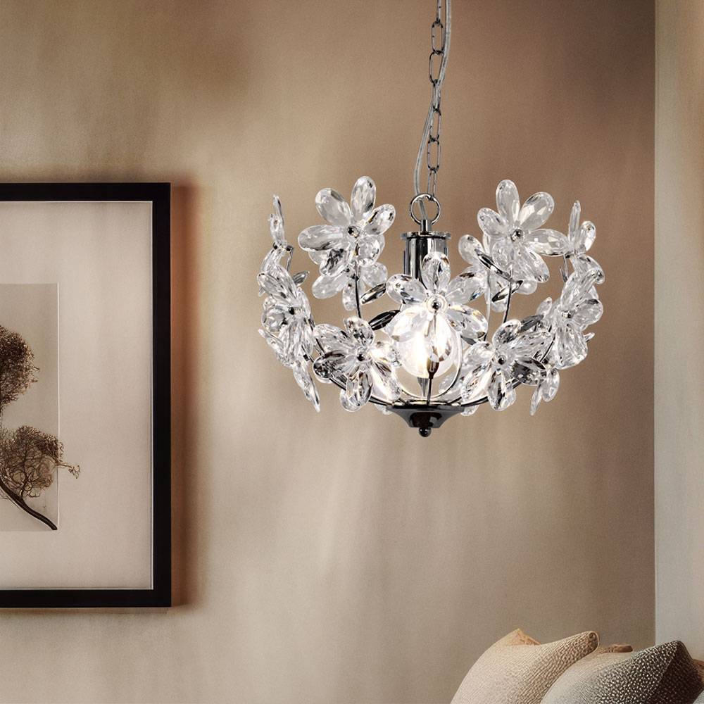 Pendelleuchte Hängeleuchte Blätterleuchte Deckenpendel Blumen Design, Acryl, Chrom, Schirmleuchte, Kugelform, 1x LED 4W 320Lm warmweiß, DxH 34x87