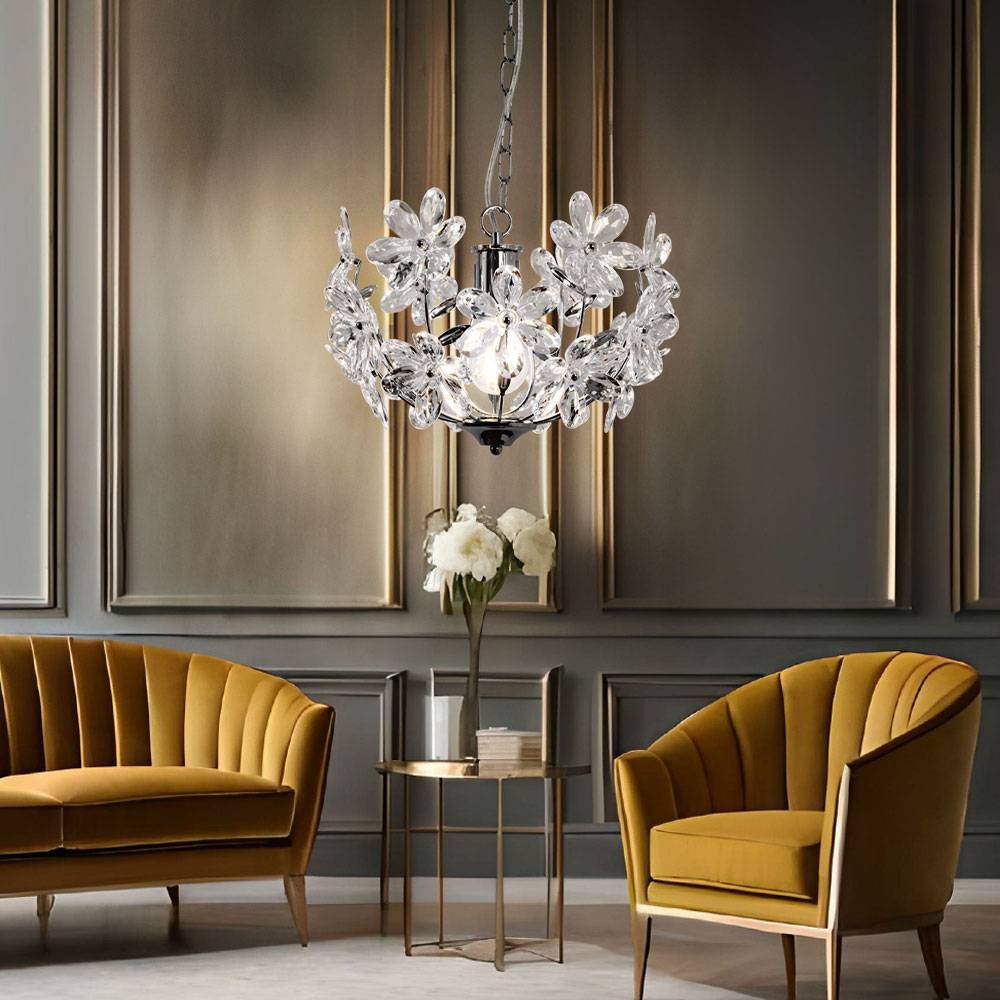 Pendelleuchte Hängeleuchte Blätterleuchte Deckenpendel Blumen Design, Acryl, Chrom, Schirmleuchte, Kugelform, 1x LED 4W 320Lm warmweiß, DxH 34x87