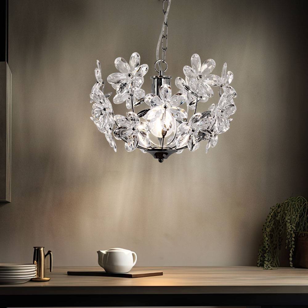 Pendelleuchte Hängeleuchte Blätterleuchte Deckenpendel Blumen Design, Acryl, Chrom, Schirmleuchte, Kugelform, 1x LED 4W 320Lm warmweiß, DxH 34x87