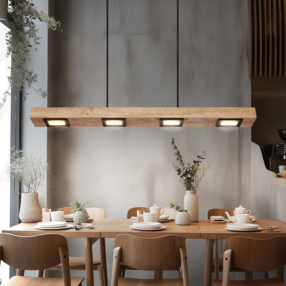 Pendelleuchte Holz lang Holzlampe hängend Hängeleuchte Glas satiniert dunkelbraun, Metall schwarz matt, 6x LED 6x 5W 6x 390Lm warmweiß, L 75 cm