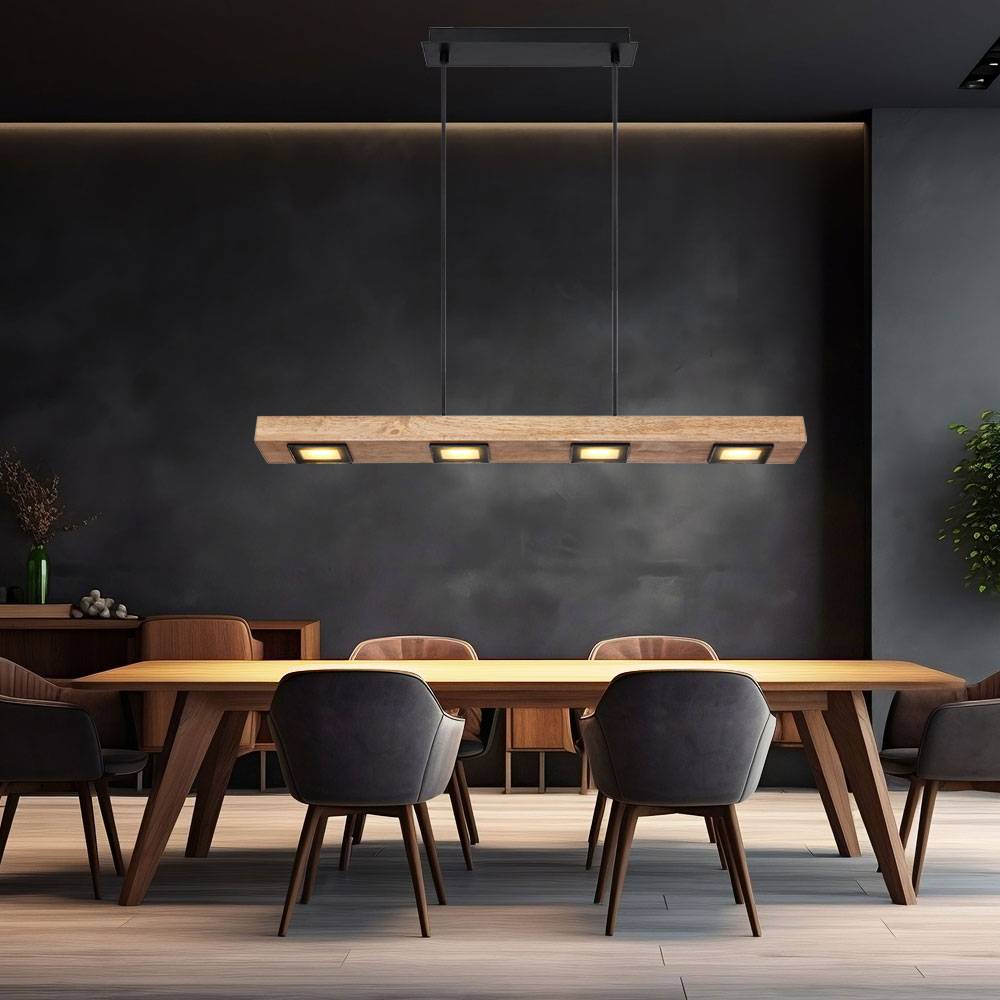 Pendelleuchte Holz lang Holzlampe hängend Hängeleuchte Glas satiniert dunkelbraun, Metall schwarz matt, 6x LED 6x 5W 6x 390Lm warmweiß, L 75 cm