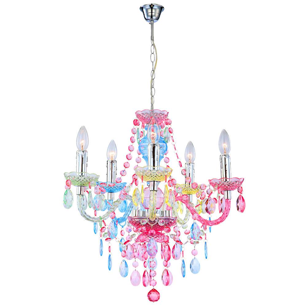 Kronleuchter Lüster Hängeleuchte Kristallleuchte Hängelampe Regenbogenfarbig, Chrom, Acrylkristalle, 5 flammig, 5x E14 Fassungen, DxH: 51x149 cm