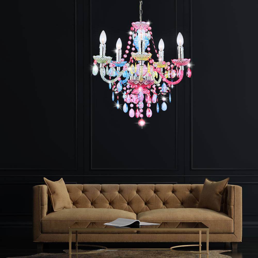 Kronleuchter Lüster Hängeleuchte Kristallleuchte Hängelampe Regenbogenfarbig, Chrom, Acrylkristalle, 5 flammig, 5x E14 Fassungen, DxH: 51x149 cm