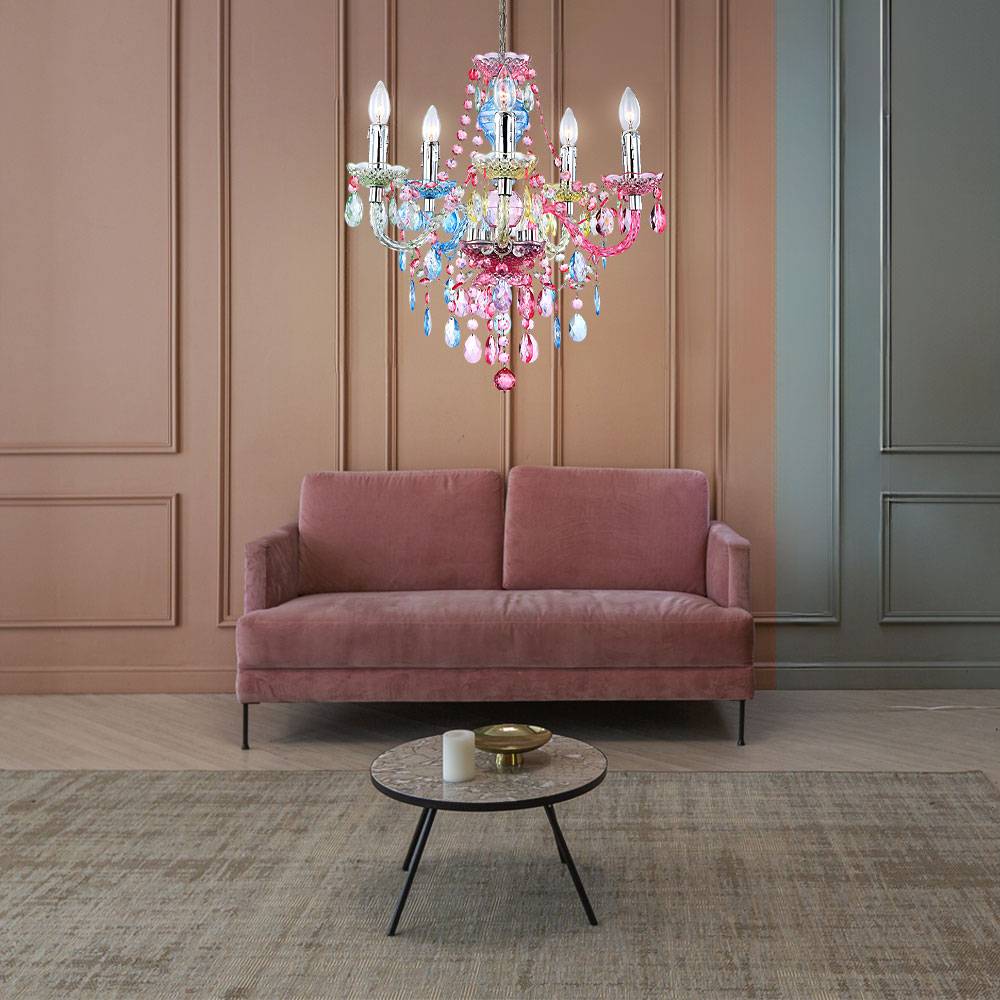 Kronleuchter Lüster Hängeleuchte Kristallleuchte Hängelampe Regenbogenfarbig, Chrom, Acrylkristalle, 5 flammig, 5x E14 Fassungen, DxH: 51x149 cm